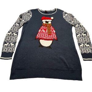 Christmas Penguin Sweater Womens XL Blue Fair Isle Knit New Directions Cozy Y2K